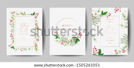 Set of Elegant Merry Christmas and New Year 2020 Cards with Pine Wreath, Mistletoe, Winter plants design illustration for greetings, invitation 2019, flyer, brochure, cover in vector Royalty-Free Stock Photo #1505261051