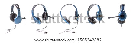 Isolated picture of blue color headphones. Headphones are a pair of small speakers for listening to sound from a computer, music or other electronic device. 