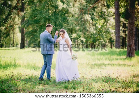 The bride and groom walk in the meadow, view from the back