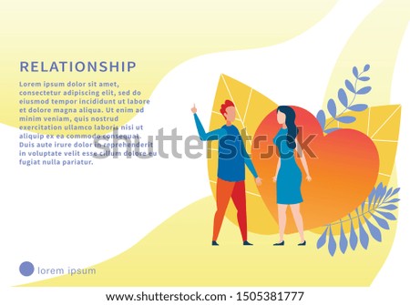 Relationship Motivational Text Banner with Couple in Love. Amorous Man and Woman Chatting Stand over Huge Heart and Plants Leaves. Communication without Social Networks. Vector Flat Illustration