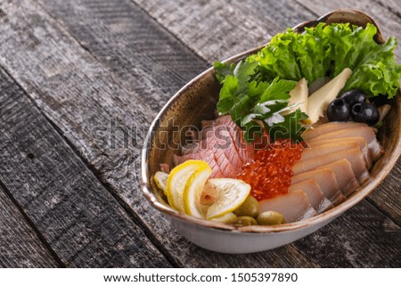 Cold appetizer with salted salmon and halibut with space for text
