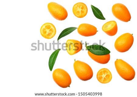 Cumquat or kumquat with leaves isolated on white background. top view Royalty-Free Stock Photo #1505403998