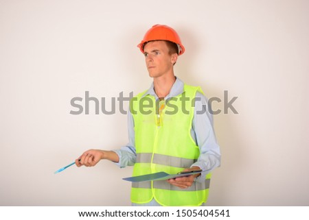 male builder with tablet folder on isolated background repair architecture engineer business foreman
