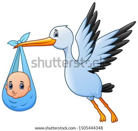 Cute cartoon a stork flying with baby boy