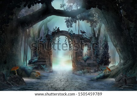 Archway in an enchanted fairy forest landscape, misty dark mood, can be used as background Royalty-Free Stock Photo #1505459789
