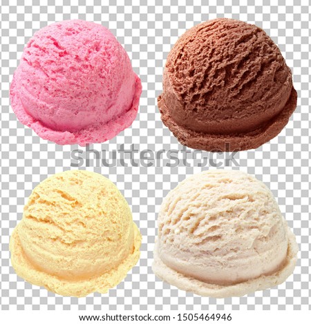 Vanilla, strawberry, chocolate, yellow ice cream scoops from top view isolated on checkered background