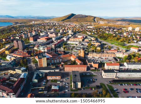 Aerial summer sunny view of Kiruna, the northernmost town in Sweden, province of Lapland, Norrbotten County, picture shot from drone
