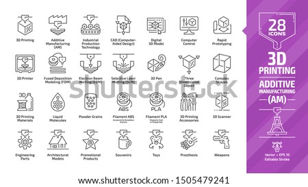 3D printing outline icon set with additive manufacturing (AM) print technology editable stroke line symbols: industrial production tech, computer aided design (CAD), digital model, rapid prototyping. Royalty-Free Stock Photo #1505479241