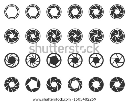 Camera lens diaphragm. Photo lenses aperture, cameras shutter silhouette icon and shutter apertures pictogram. Lomography film lens or snap optics objective lenses. Isolated vector symbols set Royalty-Free Stock Photo #1505482259