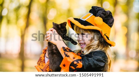 Halloween Girl in carnival costume witch with a kitten