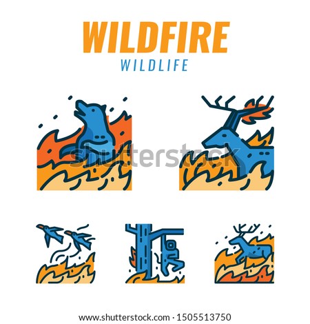 Wild animals with wildfires. Flat design icons. vector illustration