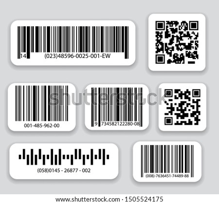 Business barcodes and QR codes vector set. Black striped code for digital identification, Realistic bar code icon.