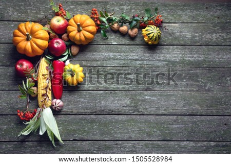 Autumn background with raw vegetables on rustic wooden background.. Autumn seasonal cooking concept. Top view with copy space 