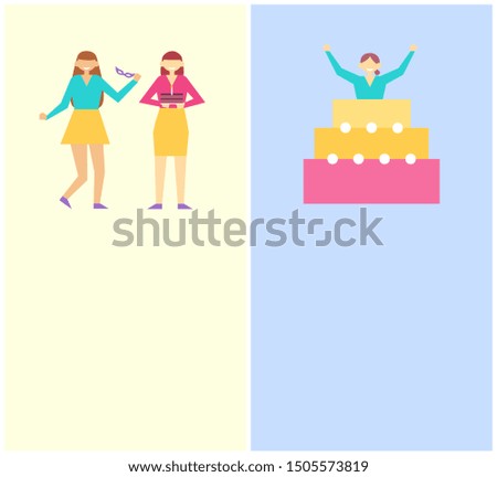 Birthday party collection people and good time enjoyment celebration text samples headlines raster illustration isolated on white blue