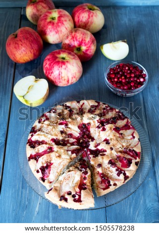 Apple pie with lingonberries. View from above. Seasonal autumn pie.