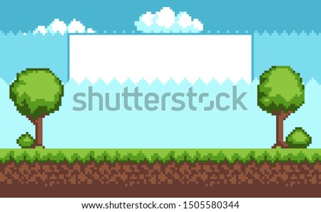 Trees and filling form set with ground sky clouds collection of in pixel image raster illustration isolated on blue