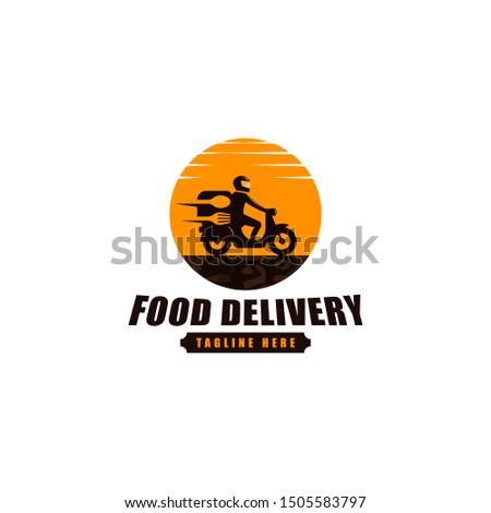 Food Delivery with Motorcycle Logo Vector Icon Ilustration, Online Food Delivery with Motorcycle Silhouette of Sunlight