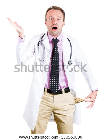 Closeup portrait of healthcare professional, doctor,nurse or dentist with black tie, and stethoscope, pulling out empty pocket showing he is broke and and very stressed, isolated on white background