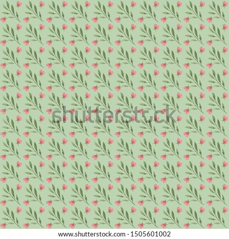  Green seamless background of pink cute delicate watercolor flowers and leaves. Background for congratulations, wedding invitations