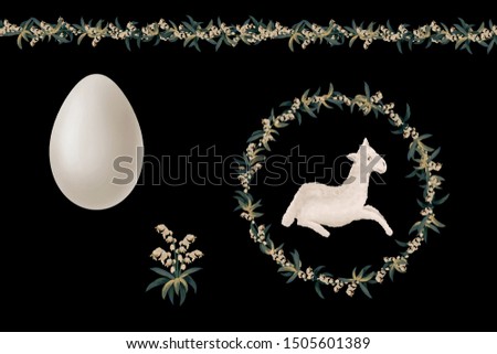 Drawn easter elements set, spring decorations kit in medieval antique tapestries style on black background