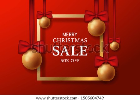 Merry Christmas sale emblem on gold frame . Background with realistic fur-tree with balls, gift box with lettering. Background Xmas design 3d. Poster, greeting cards, head