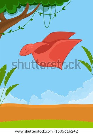 Vector illustration of flying pterodactyl in jungle wood