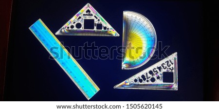 Colorful drawing and geometry set of ruler half-circle triangle rigt-angled triangle