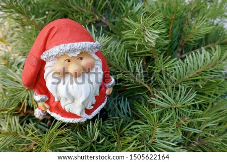 Santa Claus in the fir forest. A little garden gnome in Santa Claus costume
hides in the forest between pine branches. (not copyrighted)