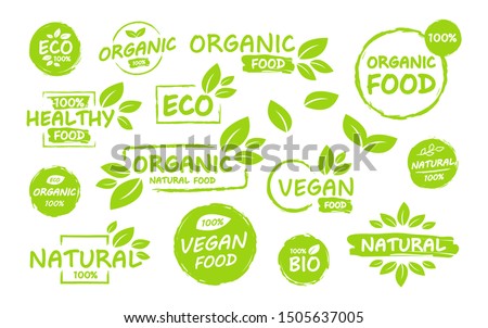 Set of Vegan, eco, bio, organic, fresh, healthy, 100 percent, nateral food. Natural product. Collection of emblem cafe, badges, tags, packaging. Vector illustration. Royalty-Free Stock Photo #1505637005