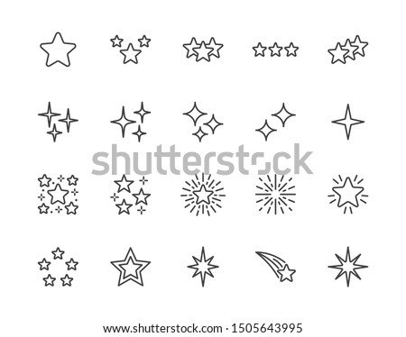 Stars flat line icons set. Starry night, falling star, firework, twinkle, glow, glitter burst vector illustrations. Outline signs for glossy material property. Pixel perfect. Editable Strokes. Royalty-Free Stock Photo #1505643995