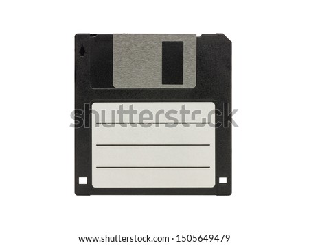 Vintage floppy disk front view blank label isolated on white