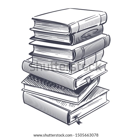 Stack of books sketch. Drawings engrave pile of old vintage dictionary and study research book vector doodle education stacked library literature illustration