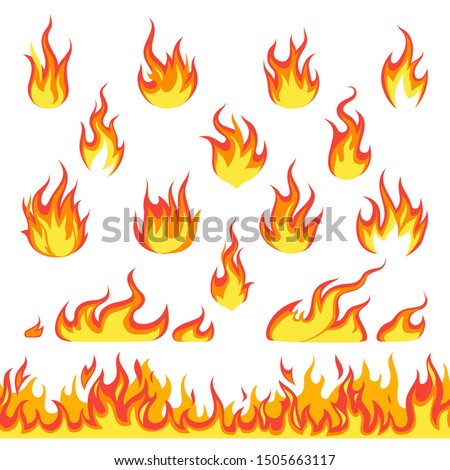 Cartoon fire set. Hot temperature curve painting comic dangerous flame fires isolated vector blazing red chimney flaming illustration and seamless pattern