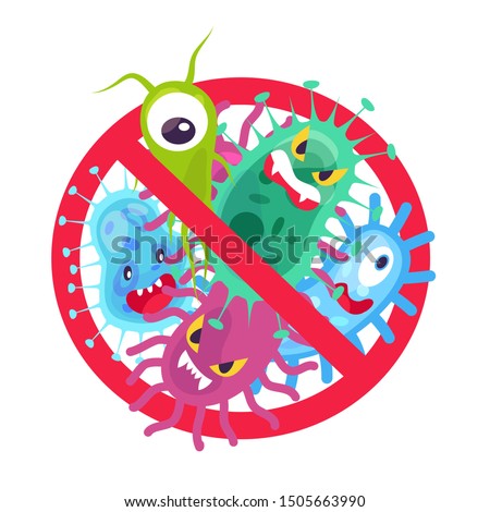 Antibacterial symbol. Virus infection and microbes bacterias control, humor cartoon protection sign stop vector disinfection hospital icon Royalty-Free Stock Photo #1505663990