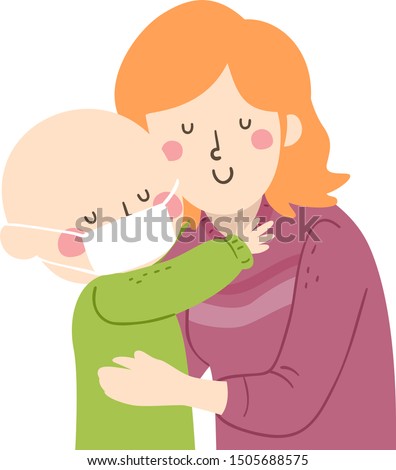 Illustration of a Bald Kid Wearing Face Mask, Sick with Cancer and Hugging Her Mother