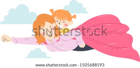 Illustration of a Kid Girl Flying in the Sky with Her Superhero Mother