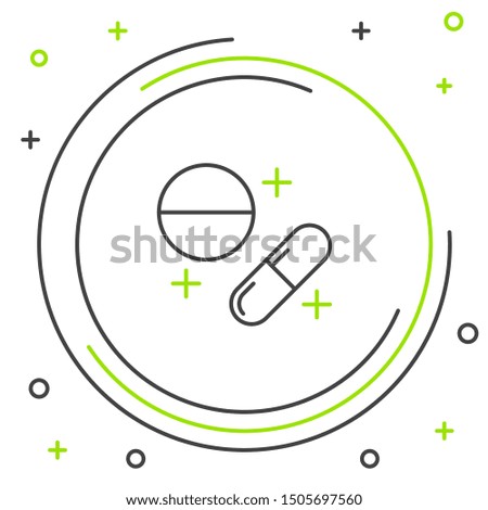 Black and green line Medicine pill or tablet icon isolated on white background. Capsule pill and drug sign. Pharmacy design. Colorful outline concept. Vector Illustration