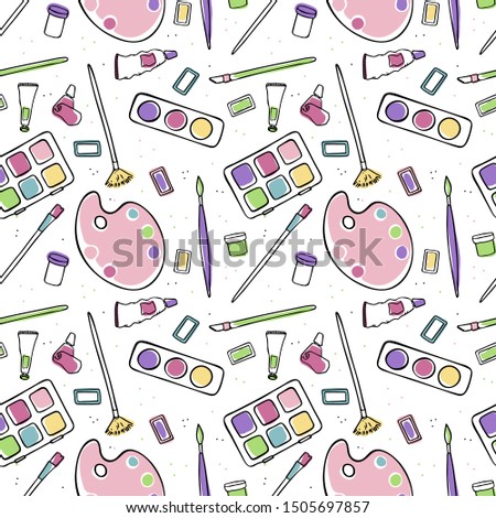 seamless pattern colored painting supplies on a white background