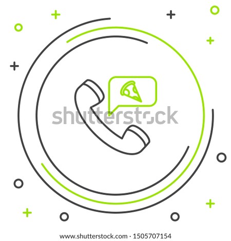 Black and green line Food ordering pizza icon isolated on white background. Order by mobile phone. Restaurant food delivery concept. Colorful outline concept. Vector Illustration