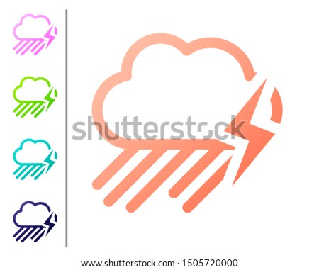 Coral Cloud with rain and lightning icon isolated on white background. Rain cloud precipitation with rain drops.Weather icon of storm. Set color icons. Vector Illustration