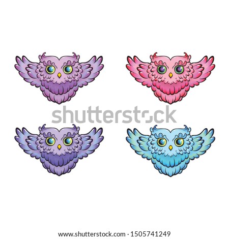 Cute cute flying owls with open wings and rounded feathers