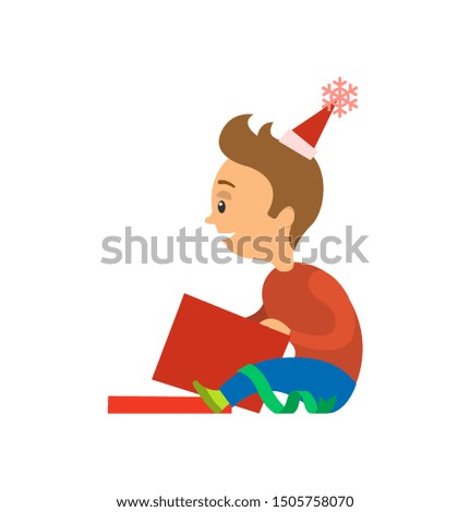 Boy unpacking Christmas presents during holidays. Child happy to open box with decoration tape. Surprise in giftbox, gift to kid from parents. Vector illustration in flat cartoon style