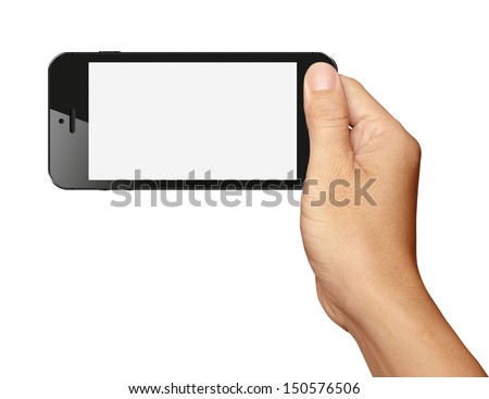Hand holding Black Smartphone in horizontal on white background