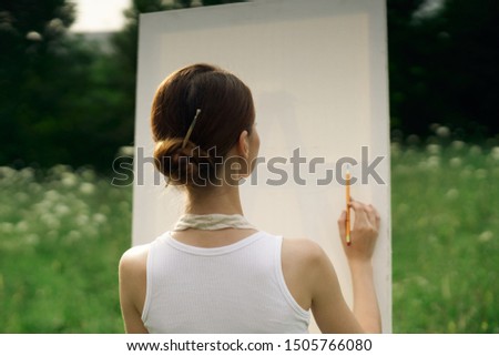 woman young beautiful summer create paint brush artist canvas