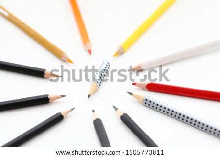 Short regular pencil stump surrounded by full length fellows on white background closeup Royalty-Free Stock Photo #1505773811