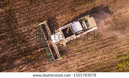 aerial view modern agricultural equipment , machinery, tractor  harvests wheat field. seasonal works. drone shot. picture with space for text. Farmland from above