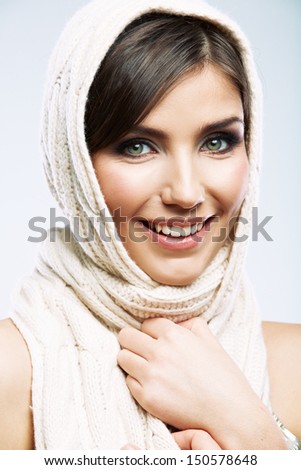 Woman face close up beauty portrait. Female model poses on white background.