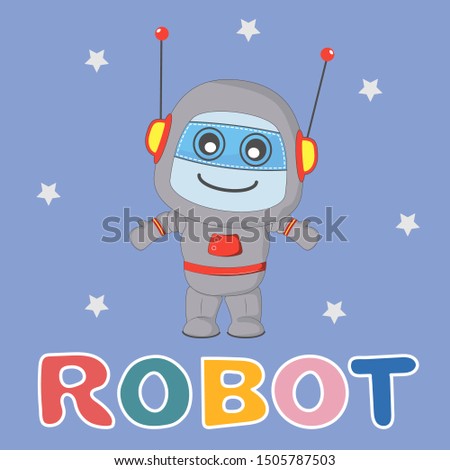 Happy little cartoon robot isolated on blue background. Modern  poster for prints, kids cards, t-shirts and other. Vector illustration.