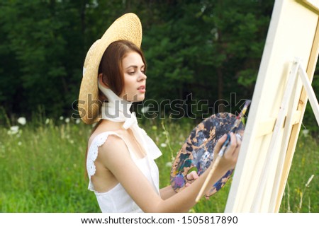 woman artist painting brush beauty canvas white young summer
