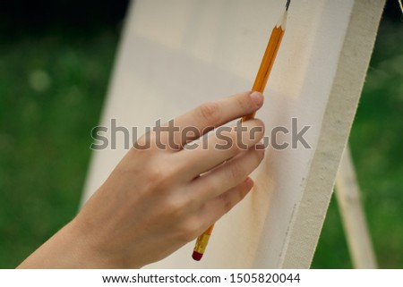 woman artist drawing brush beauty canvas white paint oil idea